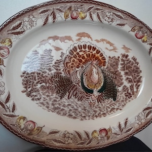 Könnte beinhalten: Eine weiße ovale Keramik-Servierplatte mit einem braunen und beigefarbenen Design eines Truthahns in einer Waldlandschaft. Der Rand der Platte ist mit braunen Blättern, Trauben und Äpfeln verziert.