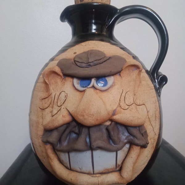 Hand Crafted Pottery 'Face Jug' Whiskey, Port, Sherry Decanter with Stopper Perfect Condition