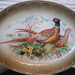 Stunning Mid Century Pheasant Platter Hand Painted by Ceramica Italy Speckled Scalloped Rim