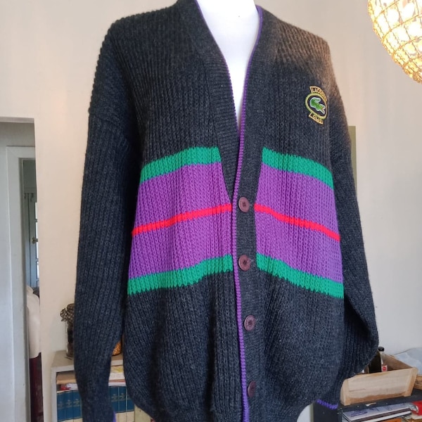 Authentic 90s Vintage Lacoste Colour Block Cardigan in Pure New Wool Size 18