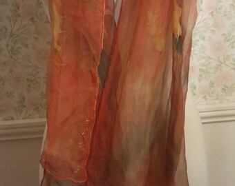 Hand Dyed Delicate Chiffon Scarf Gum Blossom Design Warm Orange and Green Autumnal Tones As New