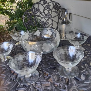 Vintage 1960s Crystal Dessert Set w Grape and Vine Etching Perfect Condition