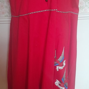 True Love Red Sleeveless Dress Pin Up Rockabilly Style with Blue Bird Love Hate Heart Design on Swing Skirt and Black White Check Trim S 20