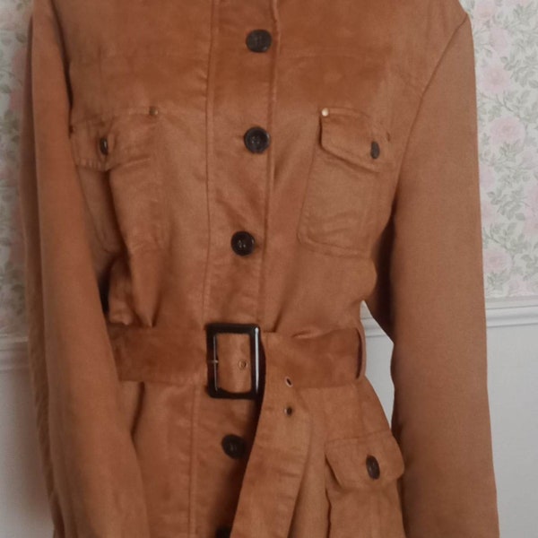 Suede Look Vegan Friendly Trench Coat Mid Length Button Front Belt Size L/OS