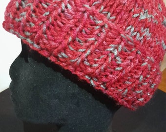 Hand Knitted Red Wool Beanie Grey Flecks New Size S/M