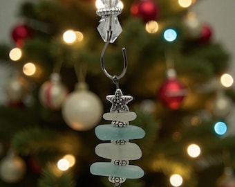 Adorno navideño personalizado de cristal marino para árbol de Navidad, decoración costera para las fiestas, elige cuentas y estrella, regalo navideño playero, adorno de cristal marino