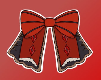 May include: A digitally illustrated red bow with black stripes and decorative panels. The panels are red with embedded diamond-shaped gems and black and tan trim. The bow is set against a red gradient background.