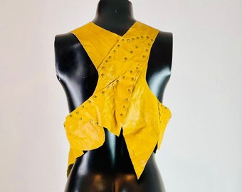 Women Biker Leather Vest, Biker Style Leather Waistcoat, Rocker Yellow Jacket