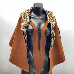 Brown Faux  Leather Shawl, Leopard Patterned Fur Suede leather Cape, Furry Leather Cloak,Viking Fur Cloak,Viking Leather Cloak,Cosplay Cape