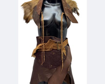 Primitive Leather Warrior Dress with Fur Trim – Handmade Adjustable Viking Costume (XS to L)