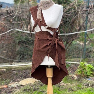 Viking woman costume, warrior woman dress, fur and brown leather skirt, two fur neck warmer and necklace or bracelet