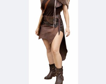 Handmade Leather Warrior Costume – Fur Trim Viking Dress (XS-L)