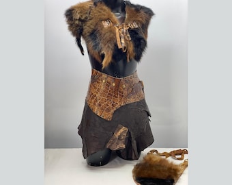 Leather Skirt,Fur Cape And Fur Bag,Barbarian Costume,Viking Costume,Viking Clothes,Festival Costume,Costume for Women,Barbarian Costume