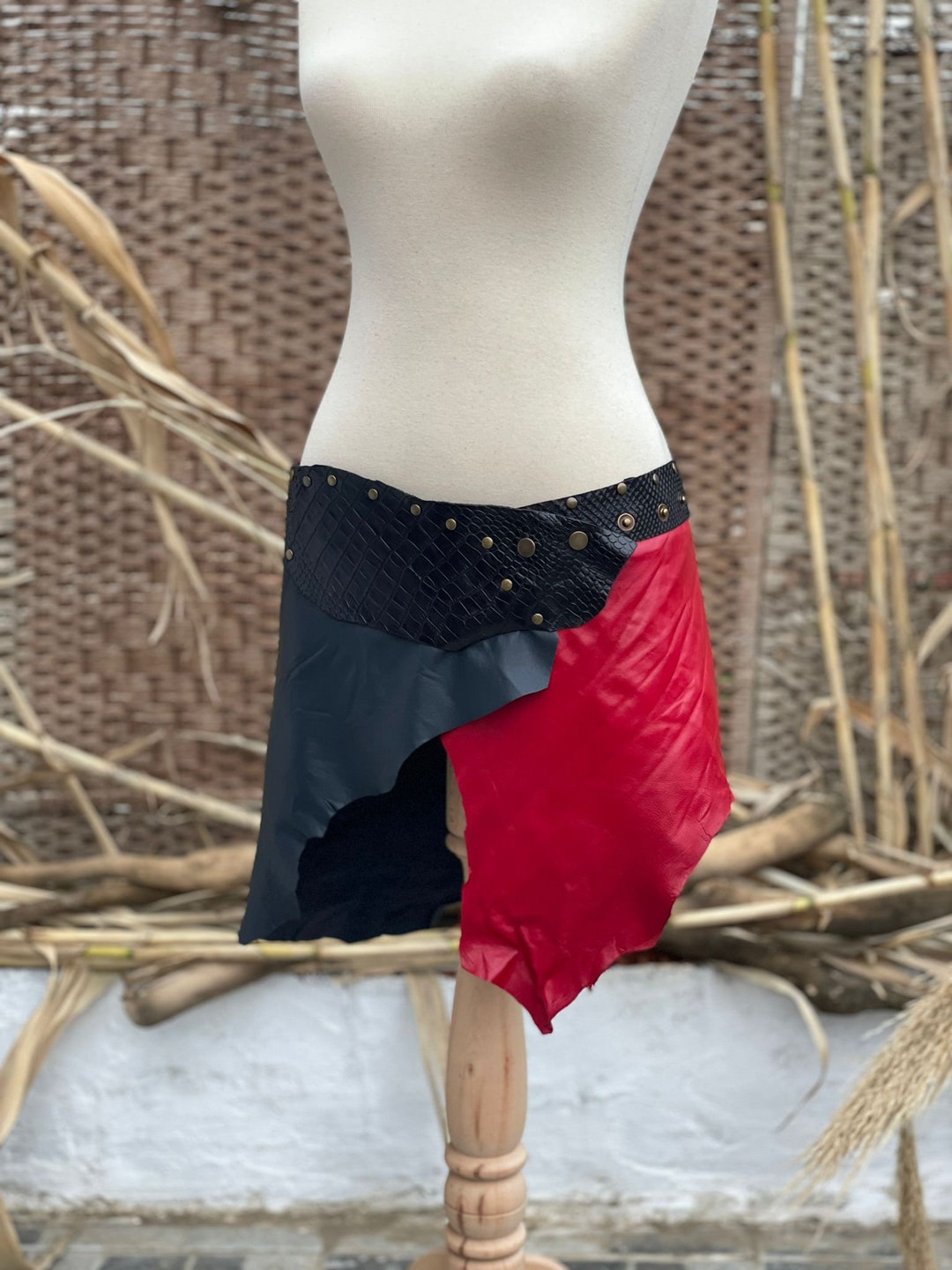 Red and Black Leather Skirt/belt, Leather Festival Skirt, Leather