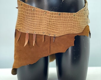 Leather Short Wrap Skirt Burningman Festivaal Clothing Beige Leather Fringe Mini Skirt