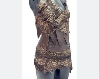 Leather Wild Woman Costume: Fur & Brown Warrior Dress (XS-L)