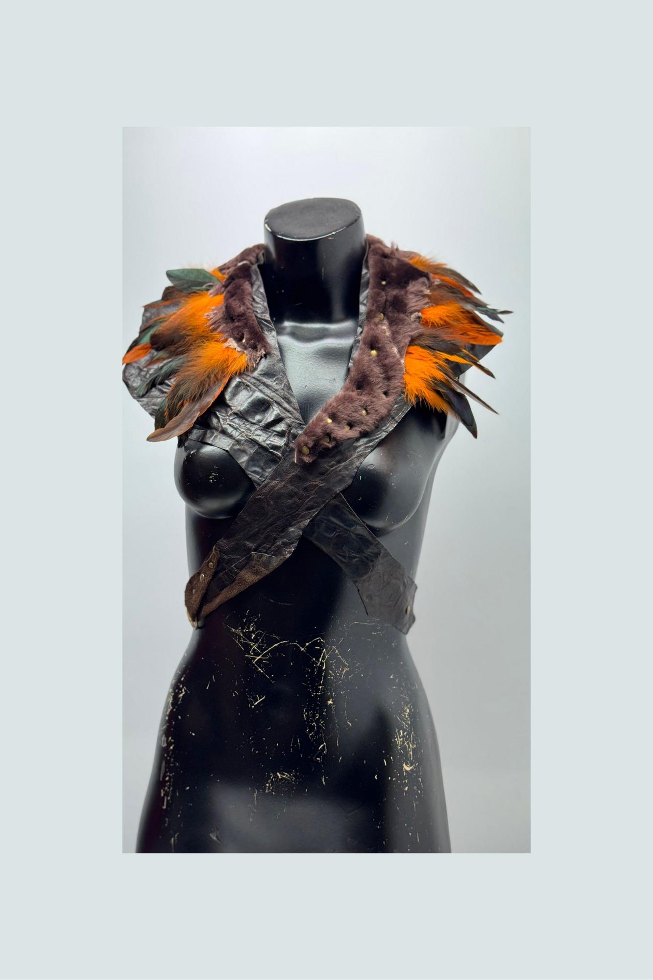 Tan Black feather harness top unisex rave festival caged straps lace cape gothic Women main image 2