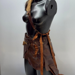 Brown Viking woman costume,warrior woman dress, brown leather skirt and fur sholder,leather festival costume fur and leather cosplay costume