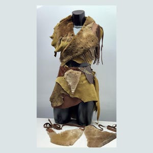 Handmade Tribal Leather and Fur Costume with Fringe Shoulder Wrap – Adjustable Warrior Outfit (XS to L)