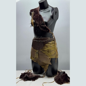 Adjustable Viking-Inspired Leather and Fur Warrior Set with Fringe Shoulder Wrap & Legwarmers (XS to L)