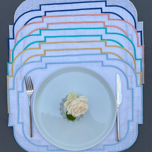 Sets de table festonnés en lin avec bordures doubles pour décoration de table 15 x 18 po. - Set de napperon de table blanc - Set de table de pendaison de crémaillère
