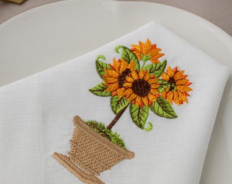 Embroidered Sunflower Cloth Napkins- Rustic Farmhouse Linen Dinner Napkin- Fall Season Decor