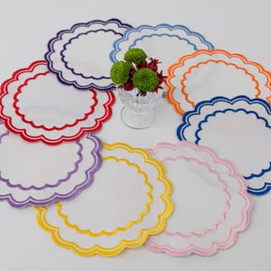 Custom Embroidered Cocktail Napkins – Personalized Scalloped Edge Linen, 6” Colorful Coasters – Wedding, Party, Hostess Gift