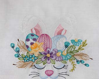 Embroidered Easter Table Runner-Linen Bunny Floral Decor