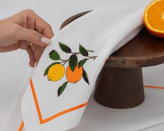 Servilleta bordada de limón y naranja - Algodón blanco - Decoración para brunch - Mediterráneo