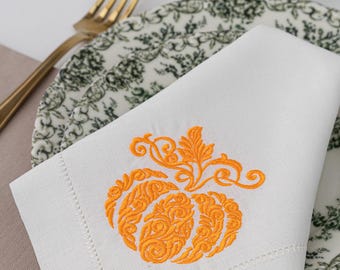 Embroidered Pumpkin Napkins- Fall Harvest Thanksgiving Table Decor- Custom Color Linen