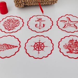 Embroidered Nautical Cocktail Napkins- Marine Life Coasters- Scalloped Edge