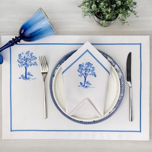 Embroidered Napkin And Placemat Set  -Fine Dining Table Setting - Unique Design Blue Toile Decorative Napkin- Gift For Mom