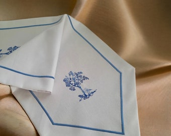 Embroidered Tree Table Runner- Blue Cotton Modern Decor (16&quot;x 54&quot;)