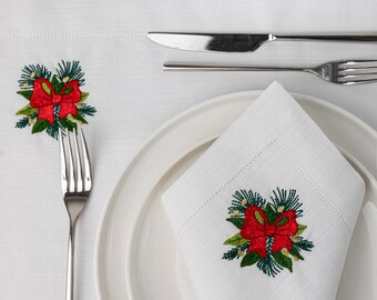 Juego de manteles individuales y servilletas de lino bordados para Navidad: decoración de mesa festiva