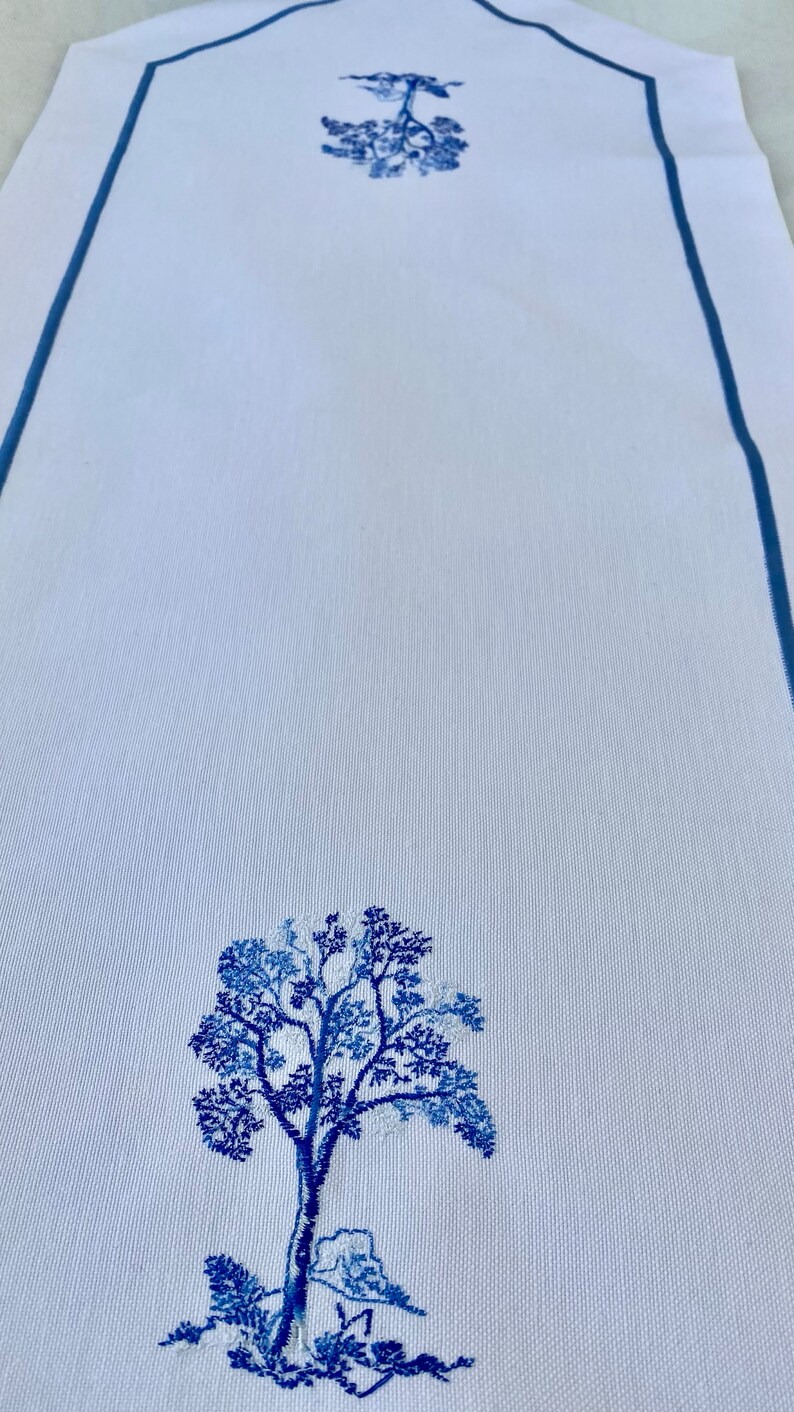 Embroidered Table Runnerblue and White Cotton Table Etsy