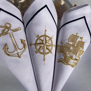 Gold Nautical Embroidered Napkin With Navy Blue Trim-Coastal Cloth Napkins- Beach House Table Napkin-Seafood Holiday Napkin-Boat Napkin Gift