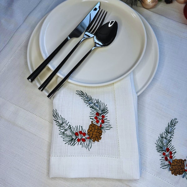 Christmas Embroidered Linen Placemat And Napkin Set -Holiday Dinner  Table Decor-Embroidered Floral Xmas Cloth Napkin- Christmas Gift Idea