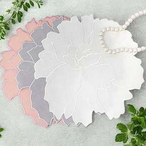 Embroidered Floral Placemat Set- Scalloped Cotton Table Mat