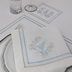 Monogram Embroidered Linen Napkin Set- Custom Dinner Cloth- Thanksgiving Gift
