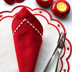 Embroidered Valentine's Day Placemat - Red Heart Linen Napkin Set- Romantic Dinner Tableware