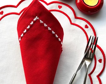 Embroidered Valentine's Day Placemat - Red Heart Linen Napkin Set- Romantic Dinner Tableware