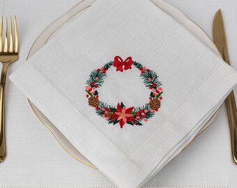 Embroidered Christmas Poinsettia Linen Placemat Napkin Set- Holiday Table Decor