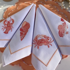 Embroidered Nautical Napkin-Seafood Dinner Table Napkin- Beach House Napkin-Seashell-Crab- Fish- Lobster Cloth Napkin-Boat Owner Unique Gift