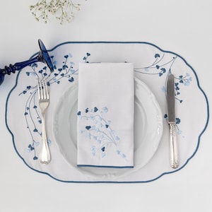 Handmade Embroidered Heart Placemat Napkin Set- Cotton Table Decor- Valentines Day Table Setting
