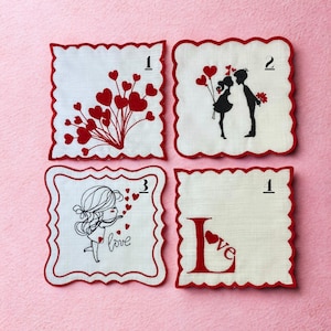 Embroidered Valentine's Cocktail Napkins- Red Scalloped Linen Coasters- Set of 4