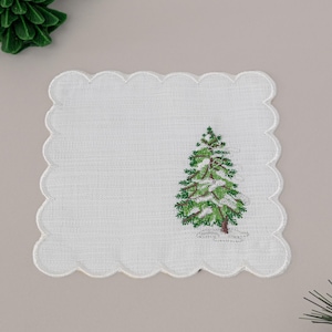 Embroidered Christmas Tree Cocktail Napkins- Scalloped Linen Coasters