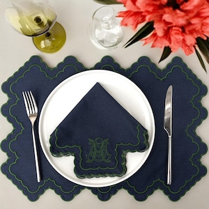 Custom Napkin & Placemat Set – Scolloped Edge Embroidery on Fabric | Personalized Table Linens-Fine Dining- Housewarming -Thanksgiving