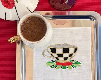 Embroidered Linen Cocktail Napkins-Beverage  Napkin Set 4 6 8 -  Coffee Presentation- High Quality Coasters -Thansgiving Gift