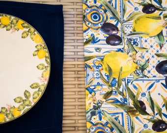Corredor de patrón de limones y juego de manteles cuadrados-Juego de mesa de jardín de algodón-Corredor de mesa decorativo para el hogar y la cocina-Corredor de mesa de cítricos frescos