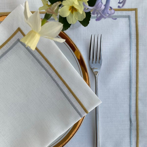 White Linen Placemats And Napkins With Double Gold And Silver Trim- Elegant Wedding Dinner Napkins- Embroidered Linen Placemats And Napkins
